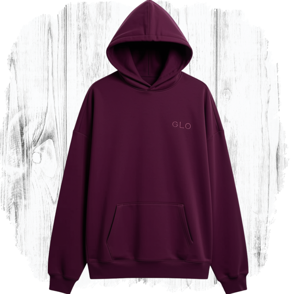GLO Forgiven Hoodie Plum front view with embroidered GLO logo