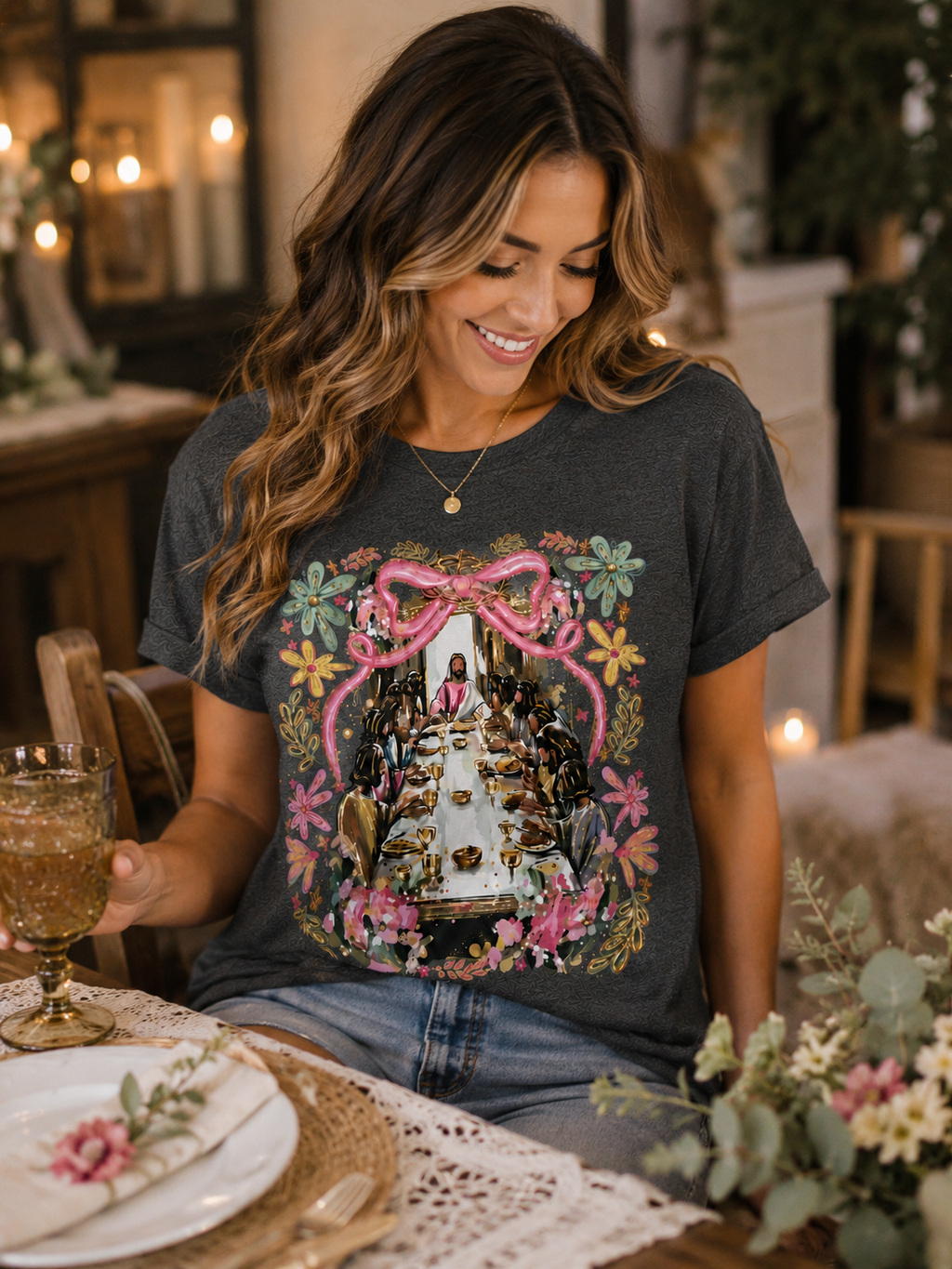 The Last Supper Floral Pink Bow T-Shirt