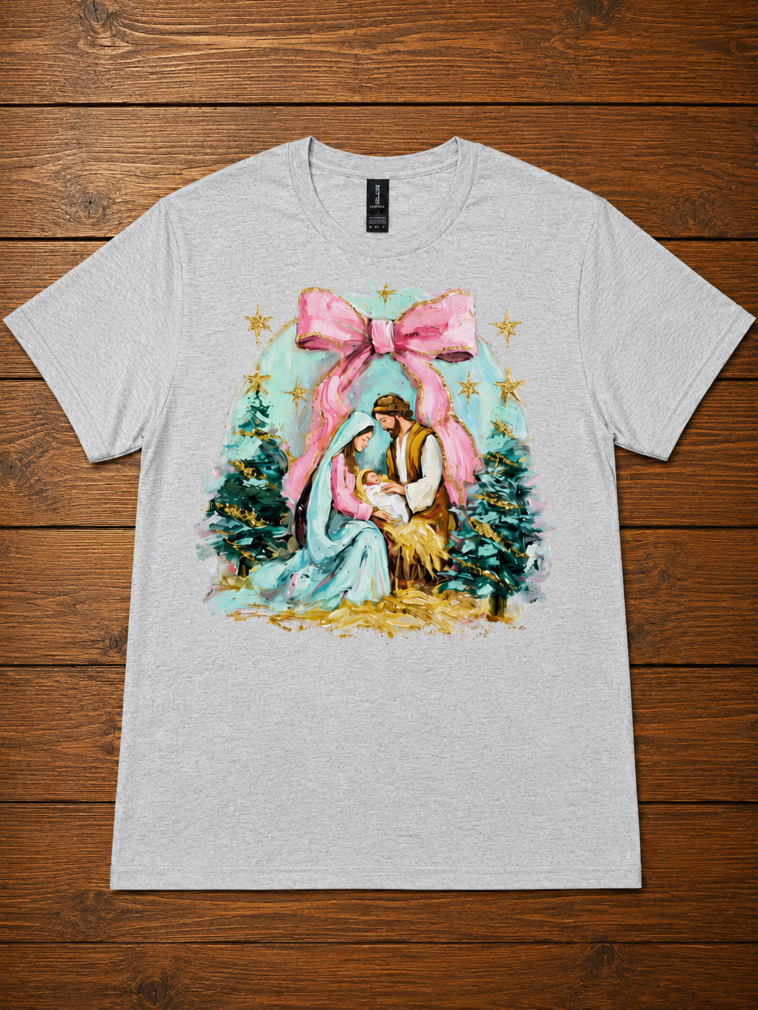 Nativity Pink Bow Christmas T-Shirt