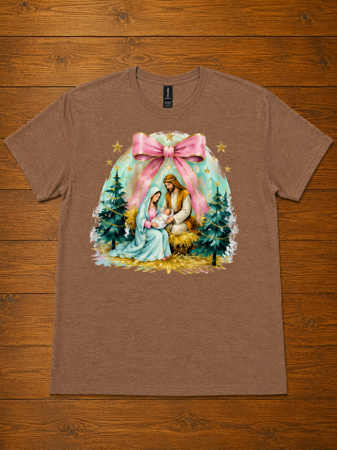Nativity Pink Bow Christmas T-Shirt