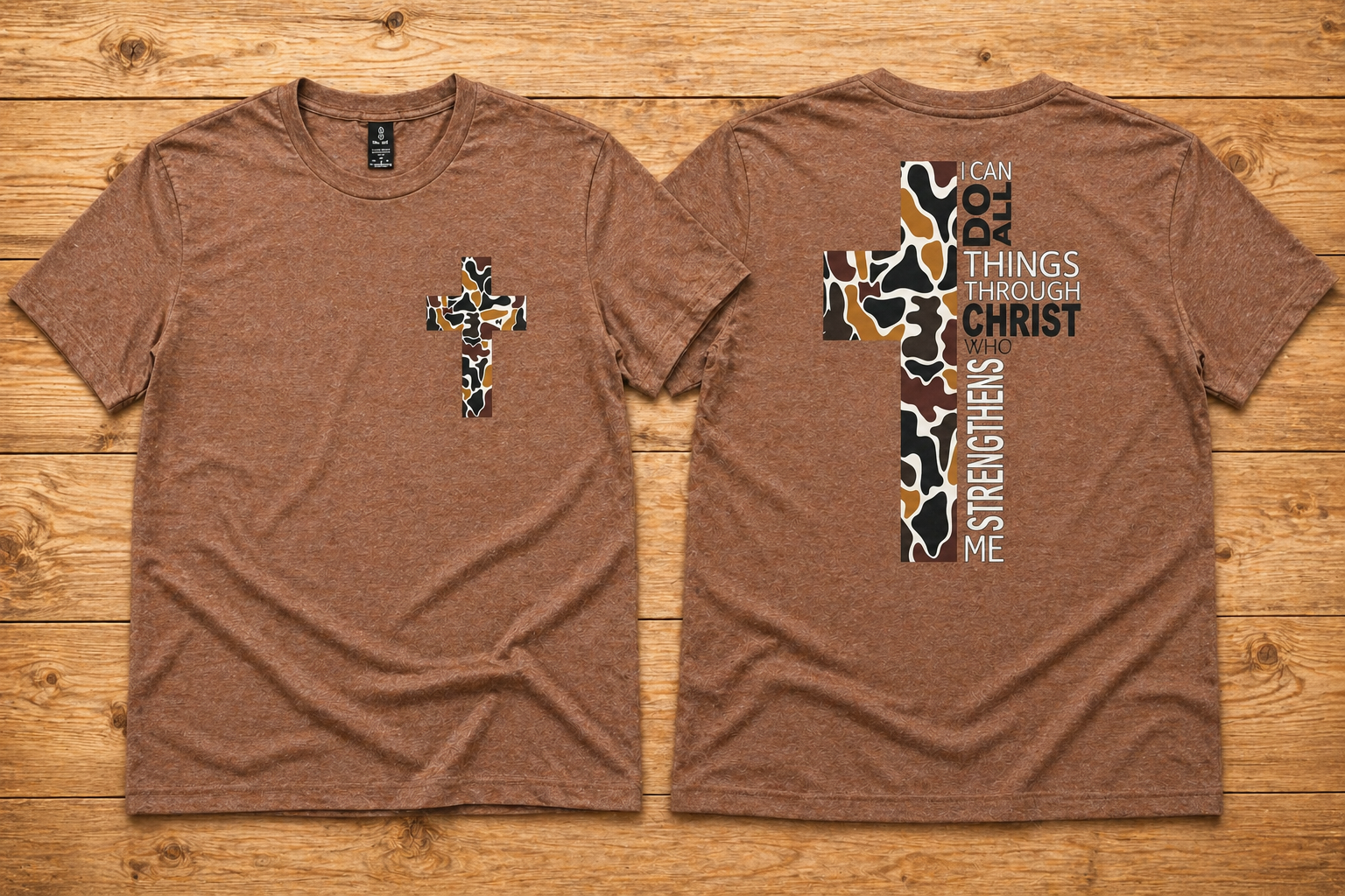"I Can Do All Things Through Christ camo cross t-shirt in Cocoa Mist — Philippians 4:13 front and back design by Pressed in Faith by Anna"