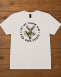 "Let Us Thank Him For Our Food Genesis 9:3 t-shirt in Heather Oatmeal — hunting and fishing faith graphic by Pressed in Faith by Anna"