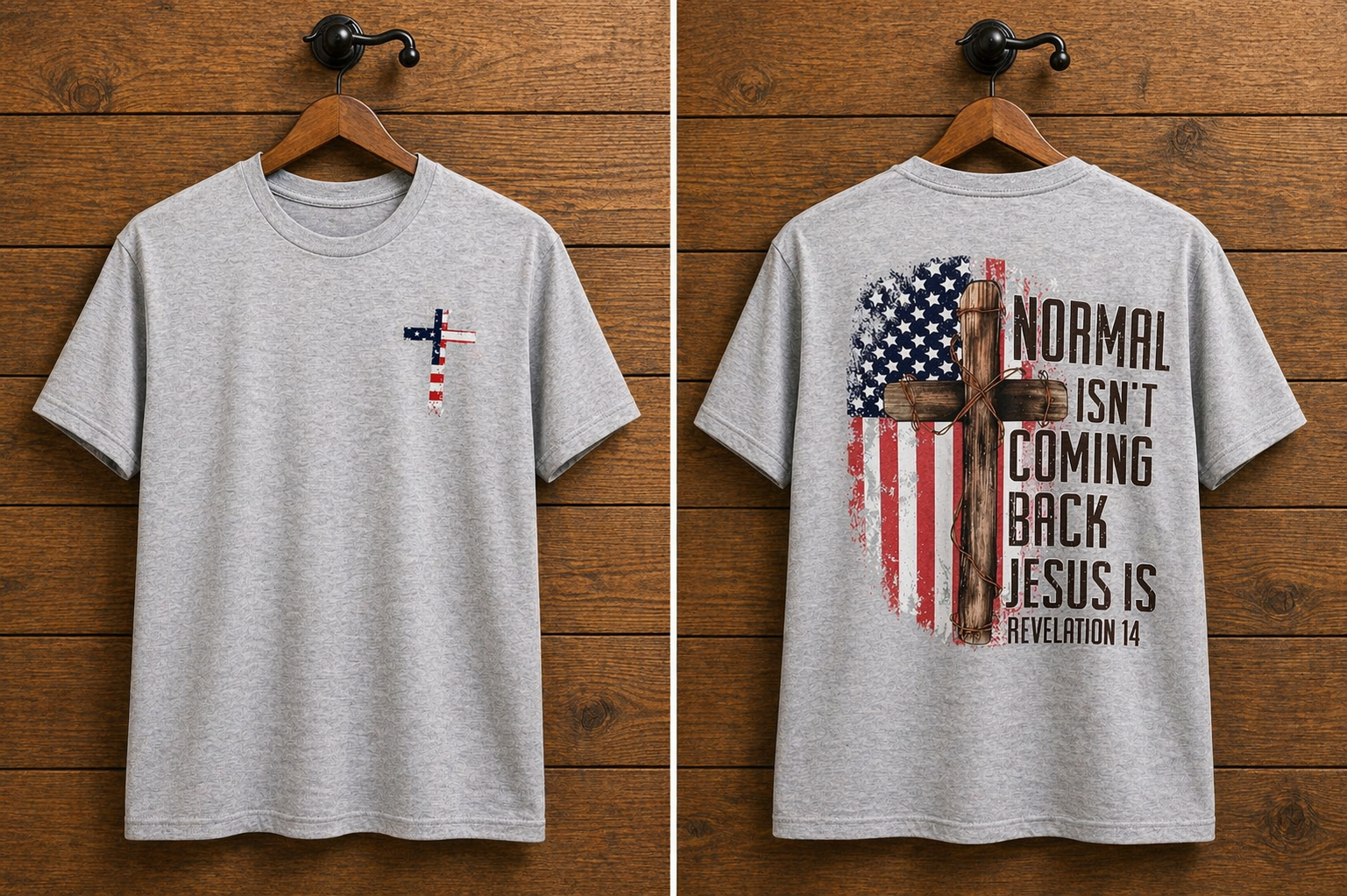 "Normal Isn't Coming Back Jesus Is front and back Christian t-shirt in Sport Grey — American flag cross chest graphic and bold Revelation 14 back design by Pressed in Faith by Anna"
