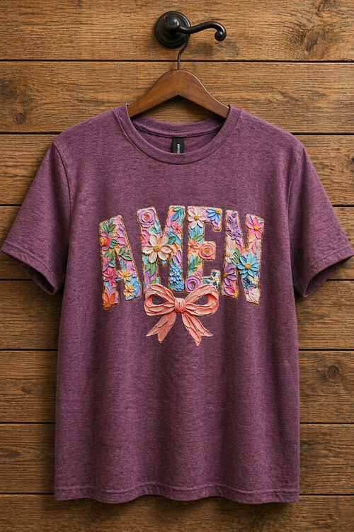 "AMEN Floral Bow Christian t-shirt in Heather Maroon — 3D pastel floral sculpted lettering with pink bow detail by Pressed in Faith by Anna"