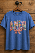 "AMEN Floral Bow Christian t-shirt in Blue — 3D pastel floral sculpted lettering with pink bow by Pressed in Faith by Anna"