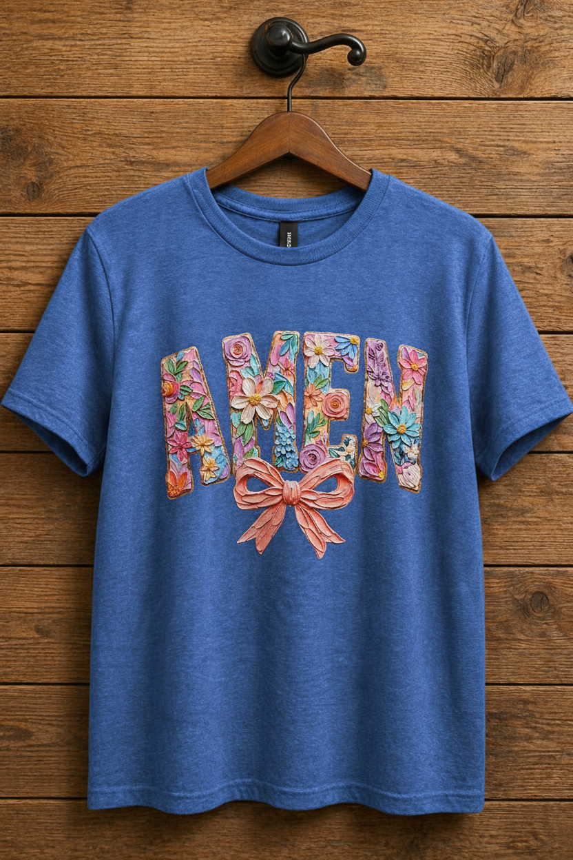 "AMEN Floral Bow Christian t-shirt in Blue — 3D pastel floral sculpted lettering with pink bow by Pressed in Faith by Anna"