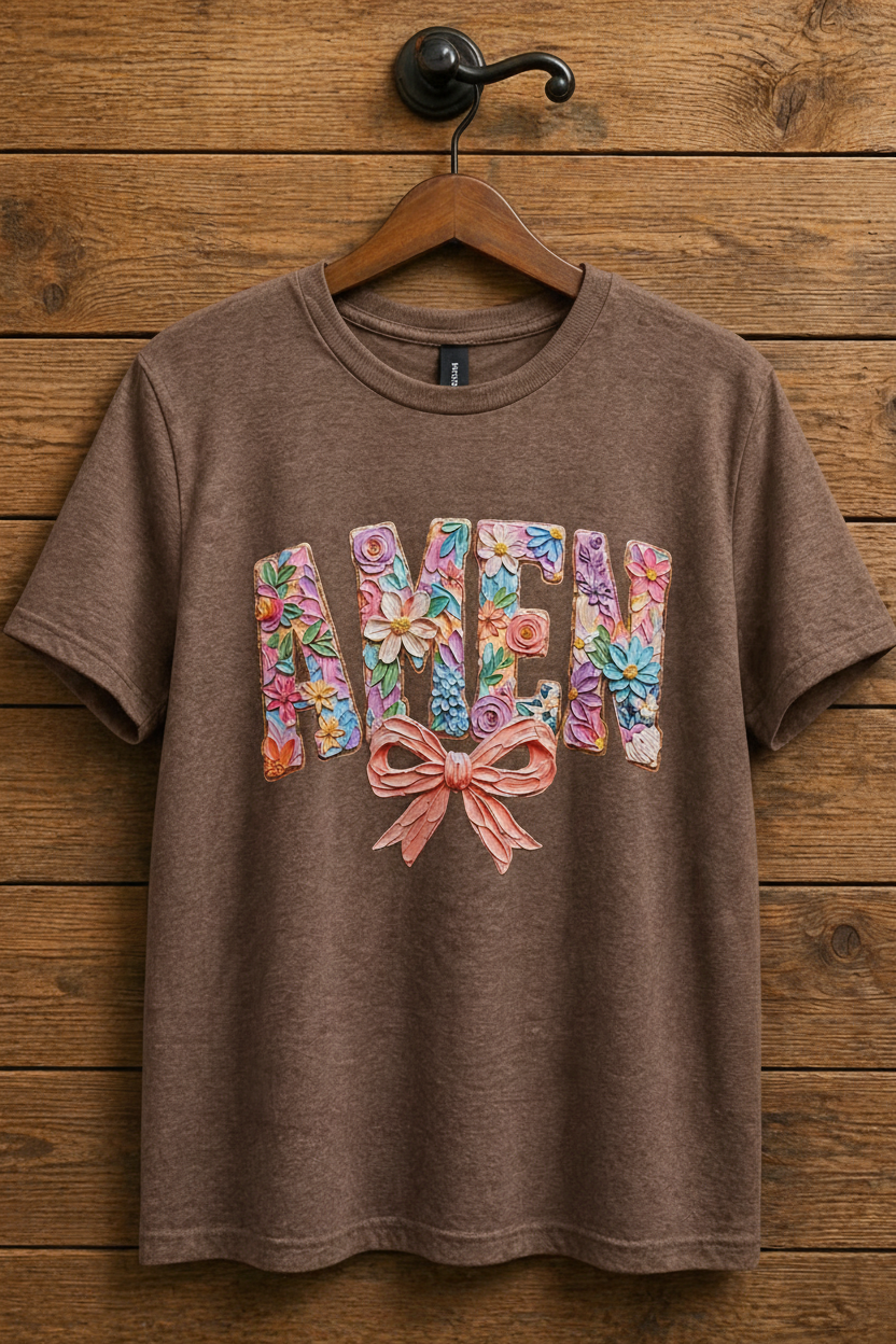  "AMEN Floral Bow Christian t-shirt in Cocoa Mist — 3D pastel floral sculpted lettering with pink bow by Pressed in Faith by Anna"