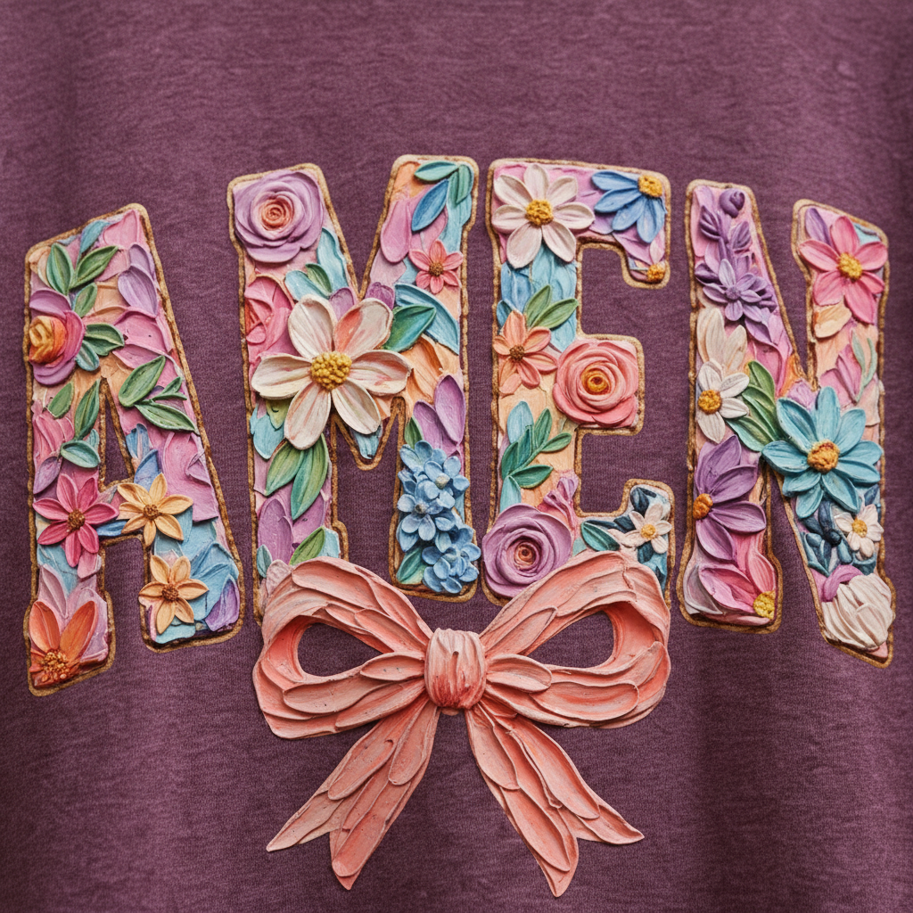 "Close-up of AMEN floral bow graphic — 3D sculpted pastel blooms with pink ribbon bow detail on Christian faith t-shirt by Pressed in Faith by Anna"