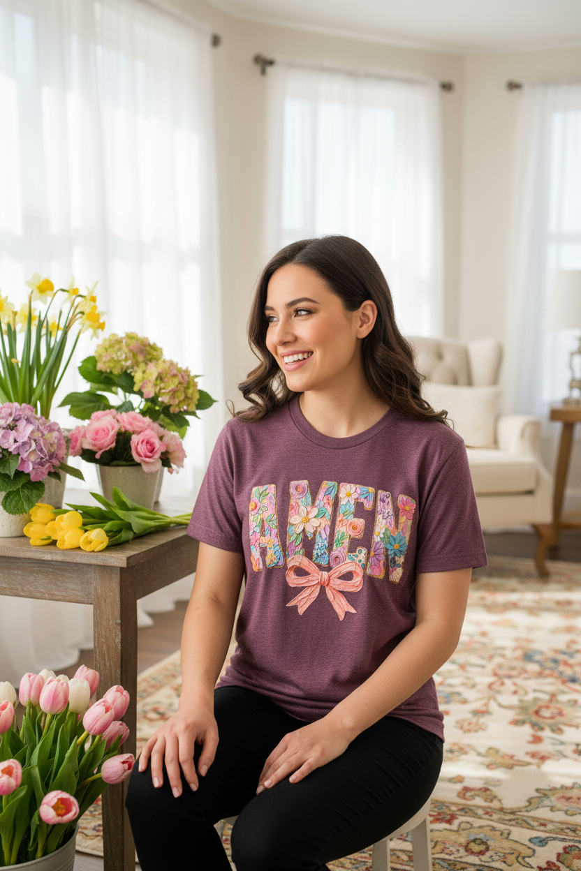 "Woman wearing AMEN Floral Bow Christian t-shirt in heather maroon — 3D pastel floral sculpted tee with pink bow by Pressed in Faith by Anna"