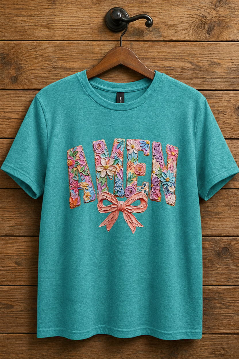  "AMEN Floral Bow Christian t-shirt in Heather Galapagos Blue — 3D pastel floral sculpted lettering with pink bow by Pressed in Faith by Anna"