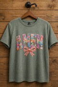  "AMEN Floral Bow Christian t-shirt in Heather Military Green — 3D pastel floral sculpted lettering with pink bow by Pressed in Faith by Anna"