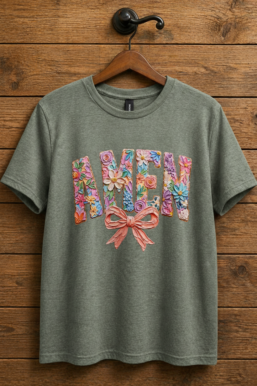  "AMEN Floral Bow Christian t-shirt in Heather Military Green — 3D pastel floral sculpted lettering with pink bow by Pressed in Faith by Anna"