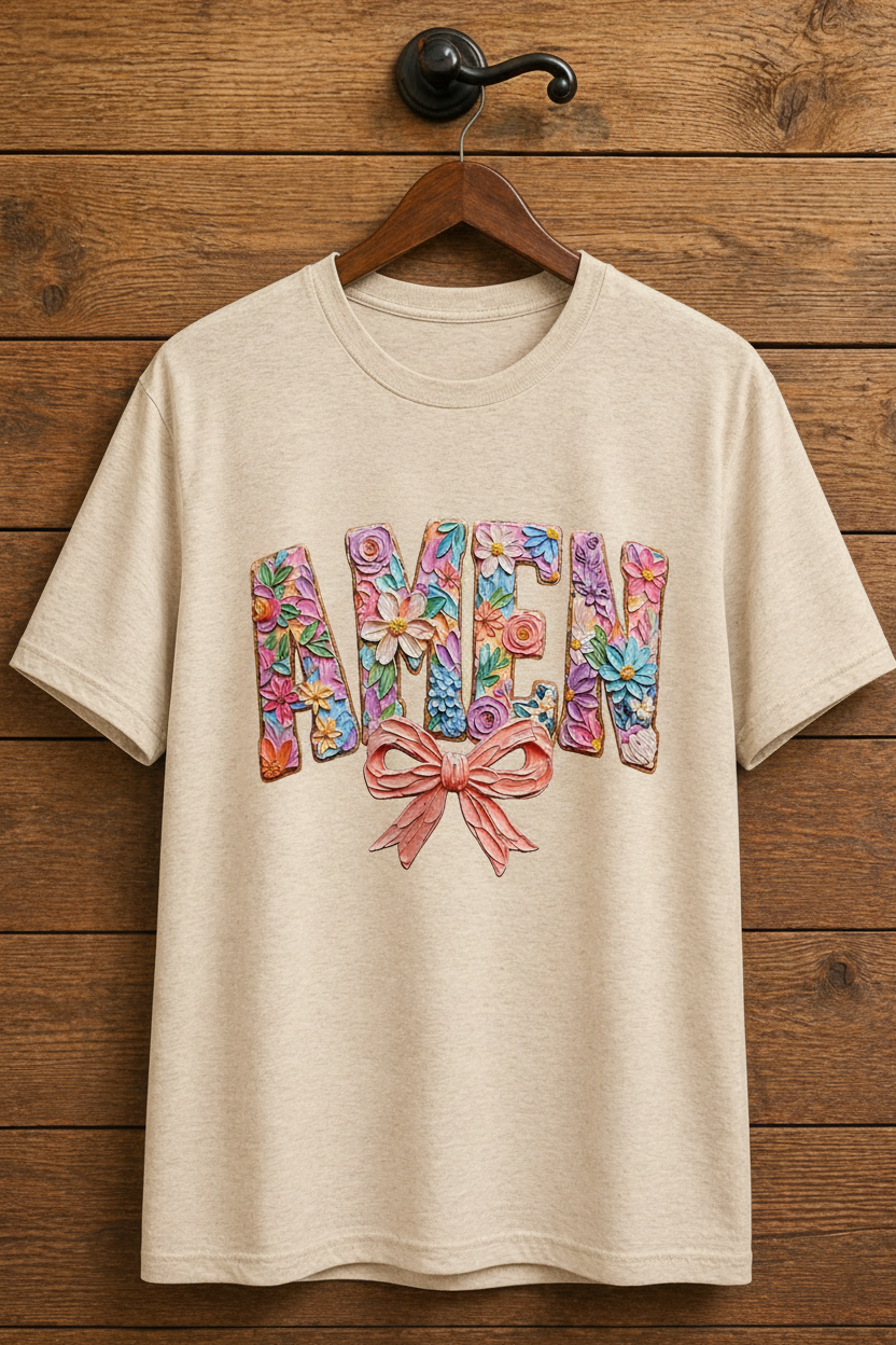 "AMEN Floral Bow Christian t-shirt in Heather Oatmeal — 3D pastel floral sculpted lettering with pink bow by Pressed in Faith by Anna"