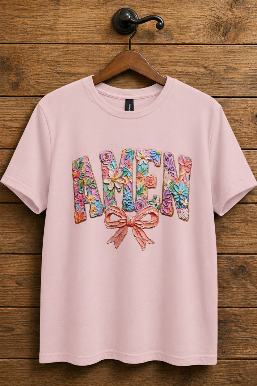 AMEN Floral Bow Christian t-shirt in Light Pink — 3D pastel floral sculpted lettering with pink bow by Pressed in Faith by Anna"