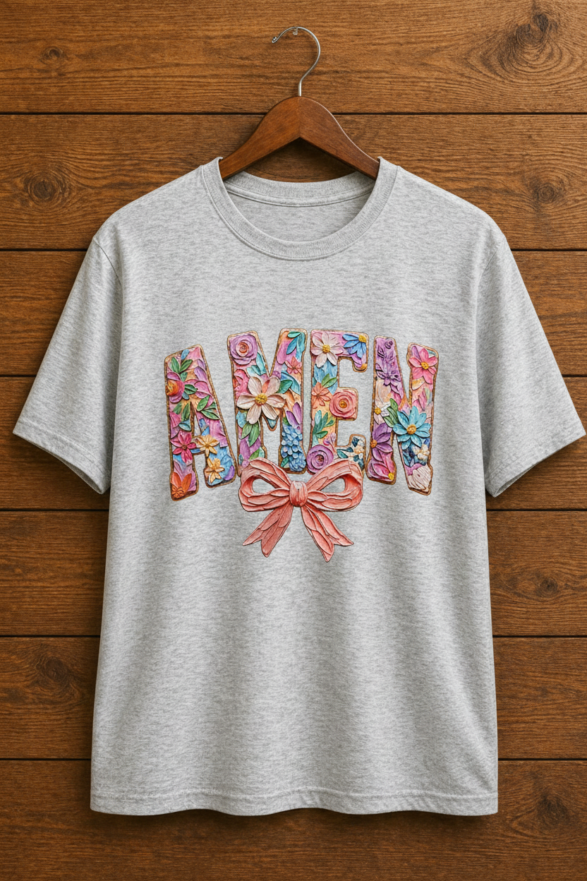  "AMEN Floral Bow Christian t-shirt in Sport Grey — 3D pastel floral sculpted lettering with pink bow by Pressed in Faith by Anna"