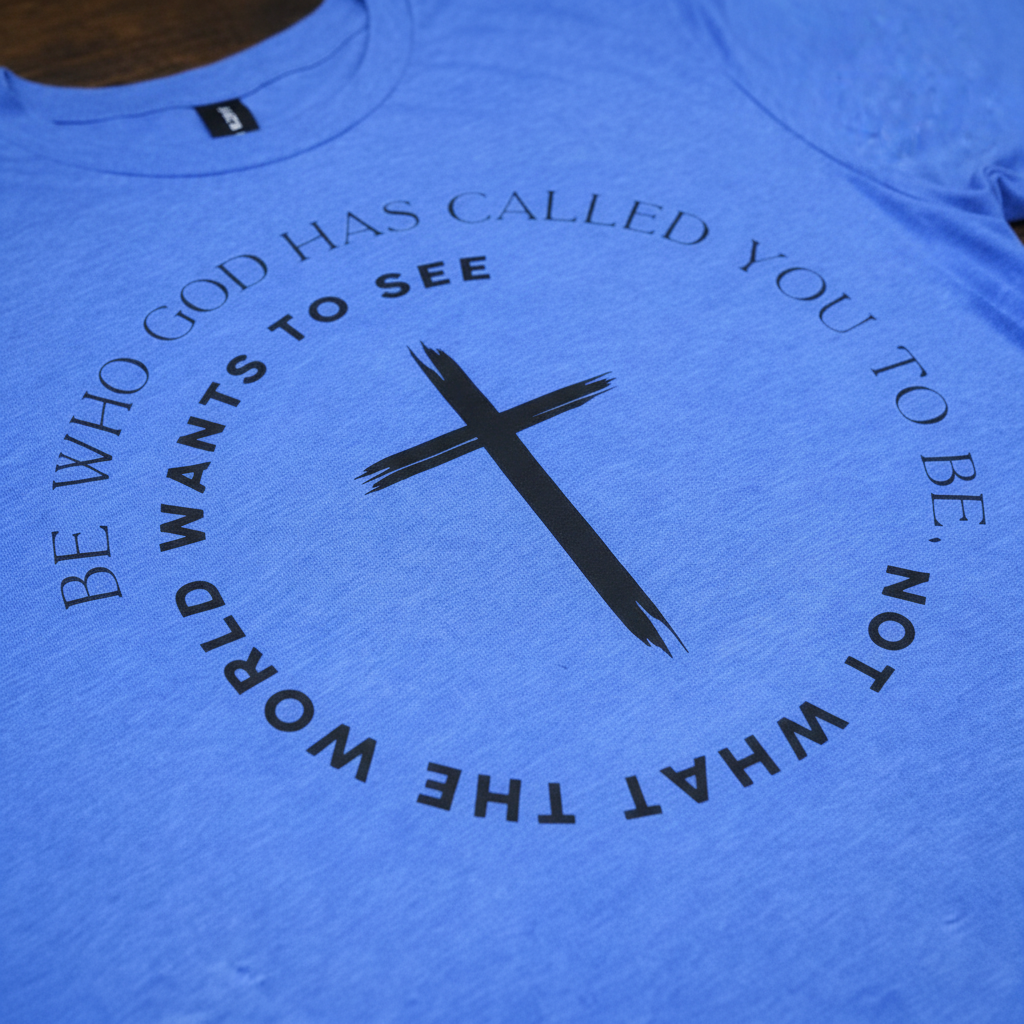 "Close-up of Be Who God Has Called You To Be circular cross graphic on Christian t-shirt — bold brushstroke cross with faith message by Pressed in Faith by Anna"