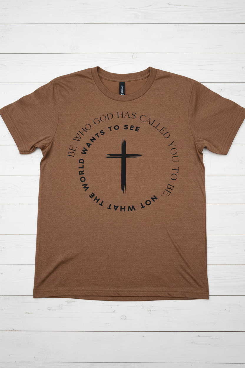 "Be Who God Has Called You To Be Christian t-shirt in Cocoa Mist — circular brushstroke cross graphic by Pressed in Faith by Anna"