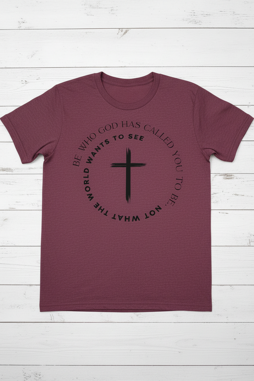 "Be Who God Has Called You To Be Christian t-shirt in Heather Maroon  — circular brushstroke cross graphic by Pressed in Faith by Anna"