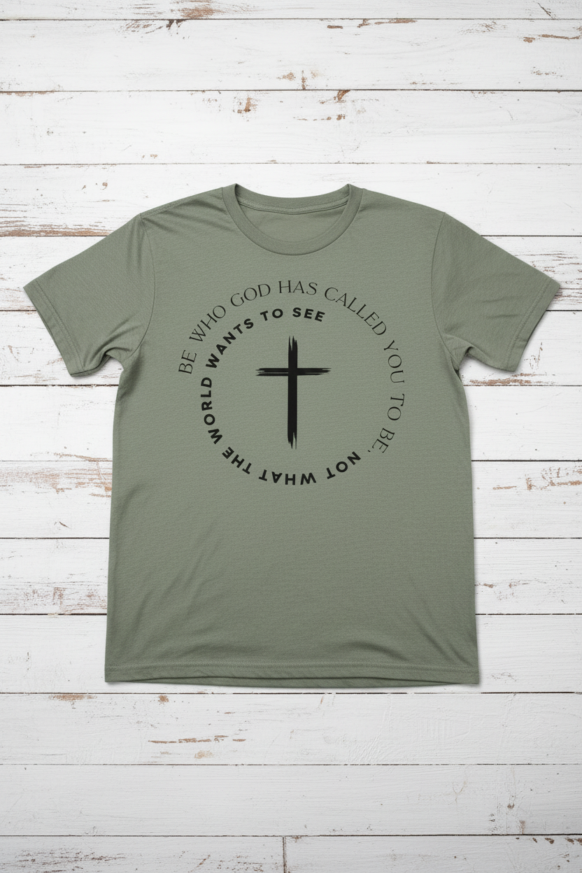 "Be Who God Has Called You To Be Christian t-shirt in Heather Military Green — circular brushstroke cross graphic by Pressed in Faith by Anna"