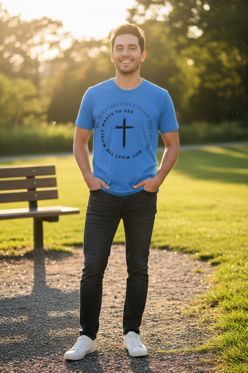 "Person wearing Be Who God Has Called You To Be Christian t-shirt in Blue — circular brushstroke cross graphic by Pressed in Faith by Anna"