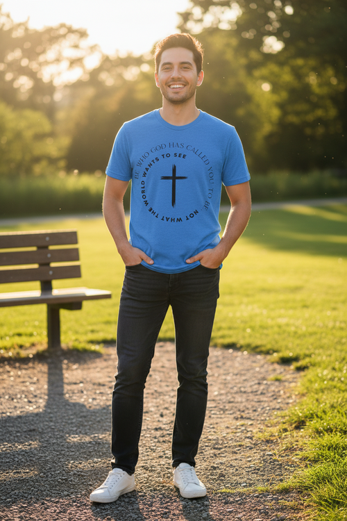"Person wearing Be Who God Has Called You To Be Christian t-shirt in Blue — circular brushstroke cross graphic by Pressed in Faith by Anna"