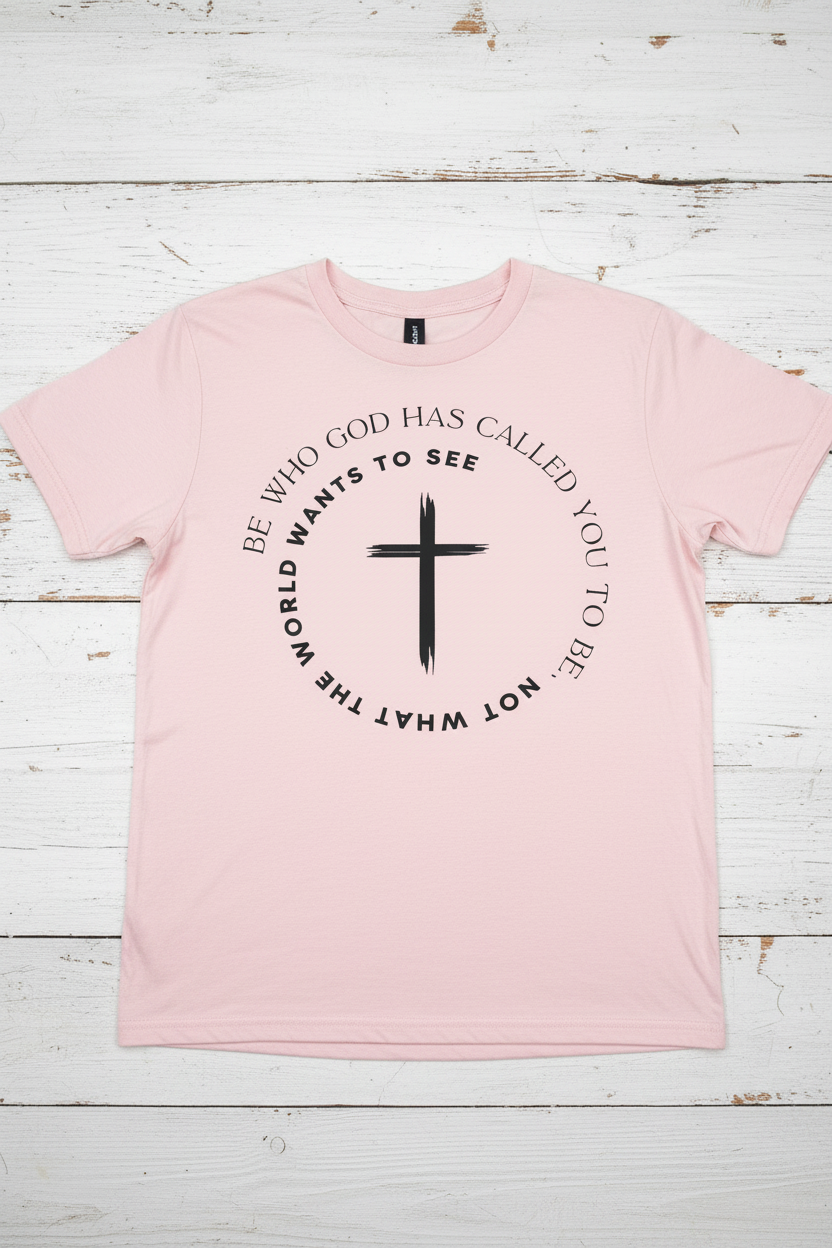"Be Who God Has Called You To Be Christian t-shirt in Light Pink  — circular brushstroke cross graphic by Pressed in Faith by Anna"