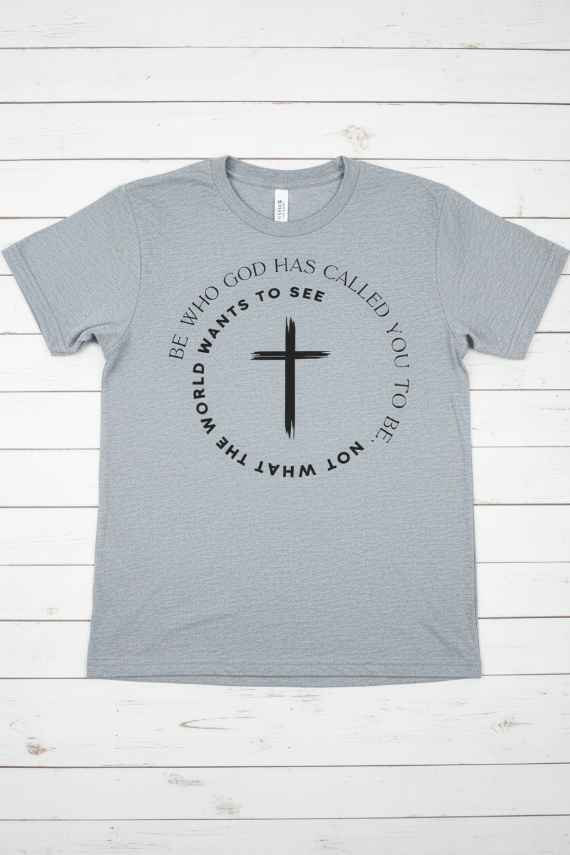 "Be Who God Has Called You To Be Christian t-shirt in Sport Grey— circular brushstroke cross graphic by Pressed in Faith by Anna"