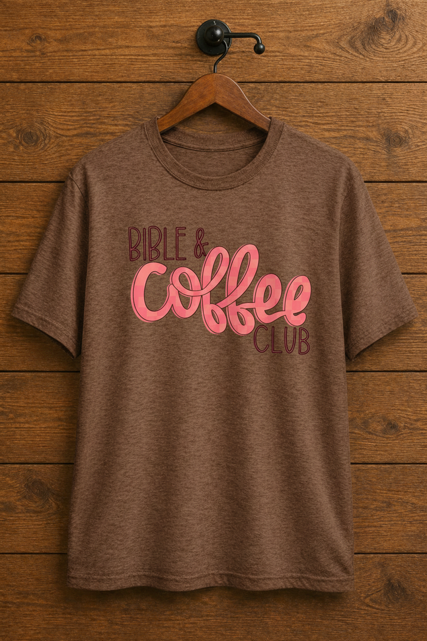 "Bible & Coffee Club Christian t-shirt in Cocoa Mist — bold coral script graphic by Pressed in Faith by Anna"