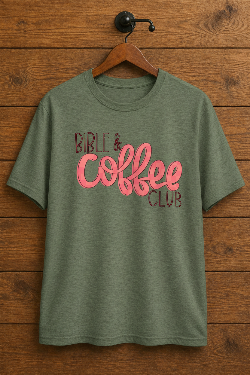 "Bible & Coffee Club Christian t-shirt in Heather Military 
Green — bold coral script graphic by Pressed in Faith by Anna"