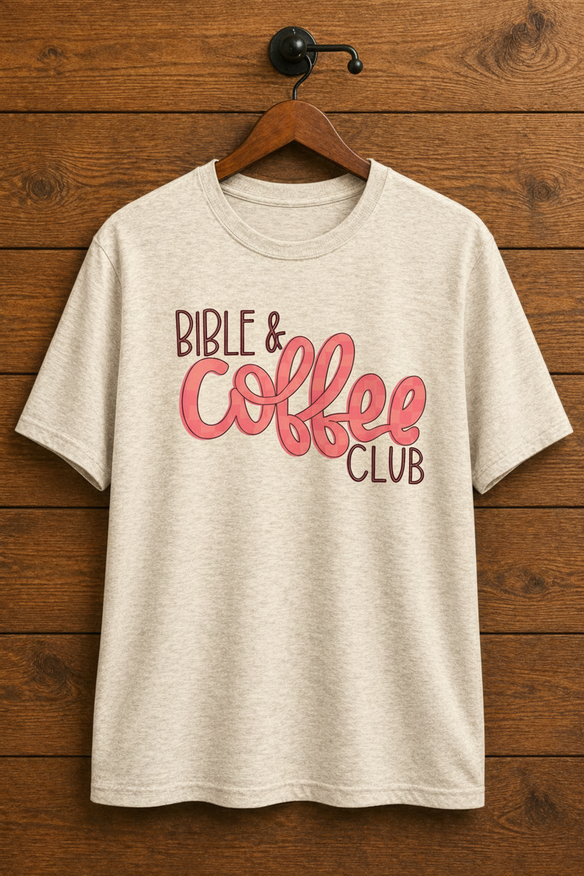 "Bible & Coffee Club Christian t-shirt in Heather Oatmeal — bold coral script graphic by Pressed in Faith by Anna"
