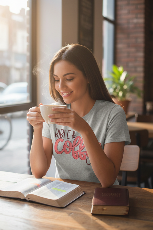Woman drinking from a cup with a book and notebook on a table in a cafe.