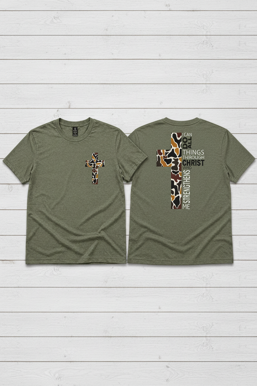 "I Can Do All Things Through Christ camo cross t-shirt in Heather Military Green — Philippians 4:13 front and back design by Pressed in Faith by Anna"
