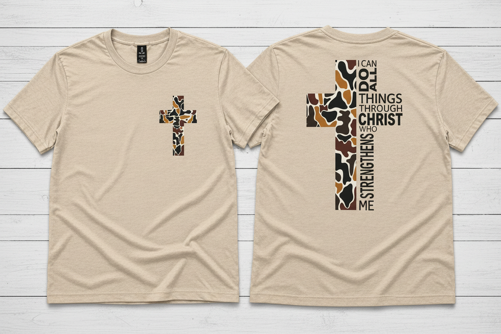 "I Can Do All Things Through Christ camo cross t-shirt in Heather Oatmeal — Philippians 4:13 front and back design by Pressed in Faith by Anna"
