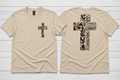 "I Can Do All Things Through Christ camo cross t-shirt in Heather Oatmeal — Philippians 4:13 front and back design by Pressed in Faith by Anna"
