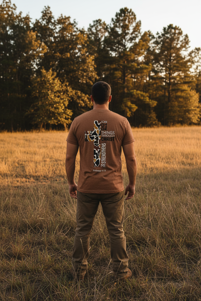 "Back view of I Can Do All Things Through Christ camo cross t-shirt showing Philippians 4:13 scripture design — Pressed in Faith by Anna"