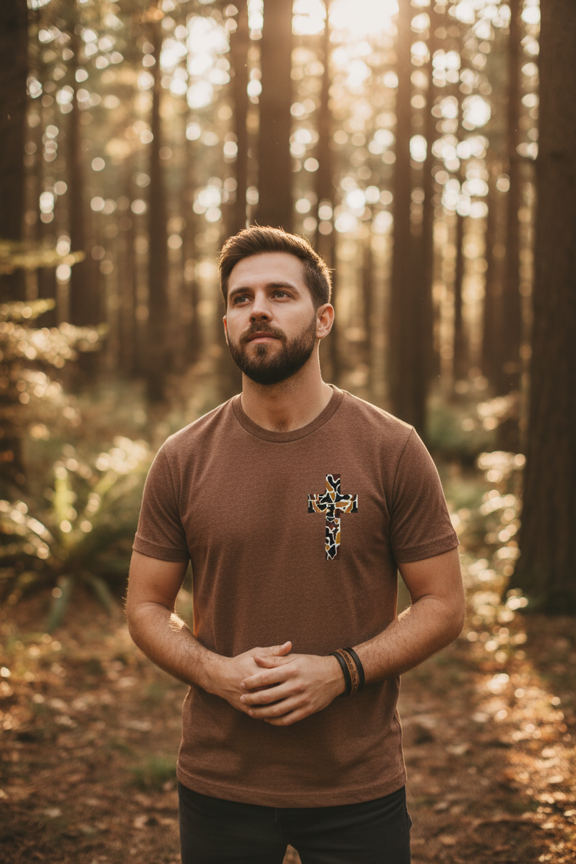 "Man wearing I Can Do All Things Through Christ camo cross t-shirt in Cocoa Mist — Philippians 4:13 by Pressed in Faith by Anna"