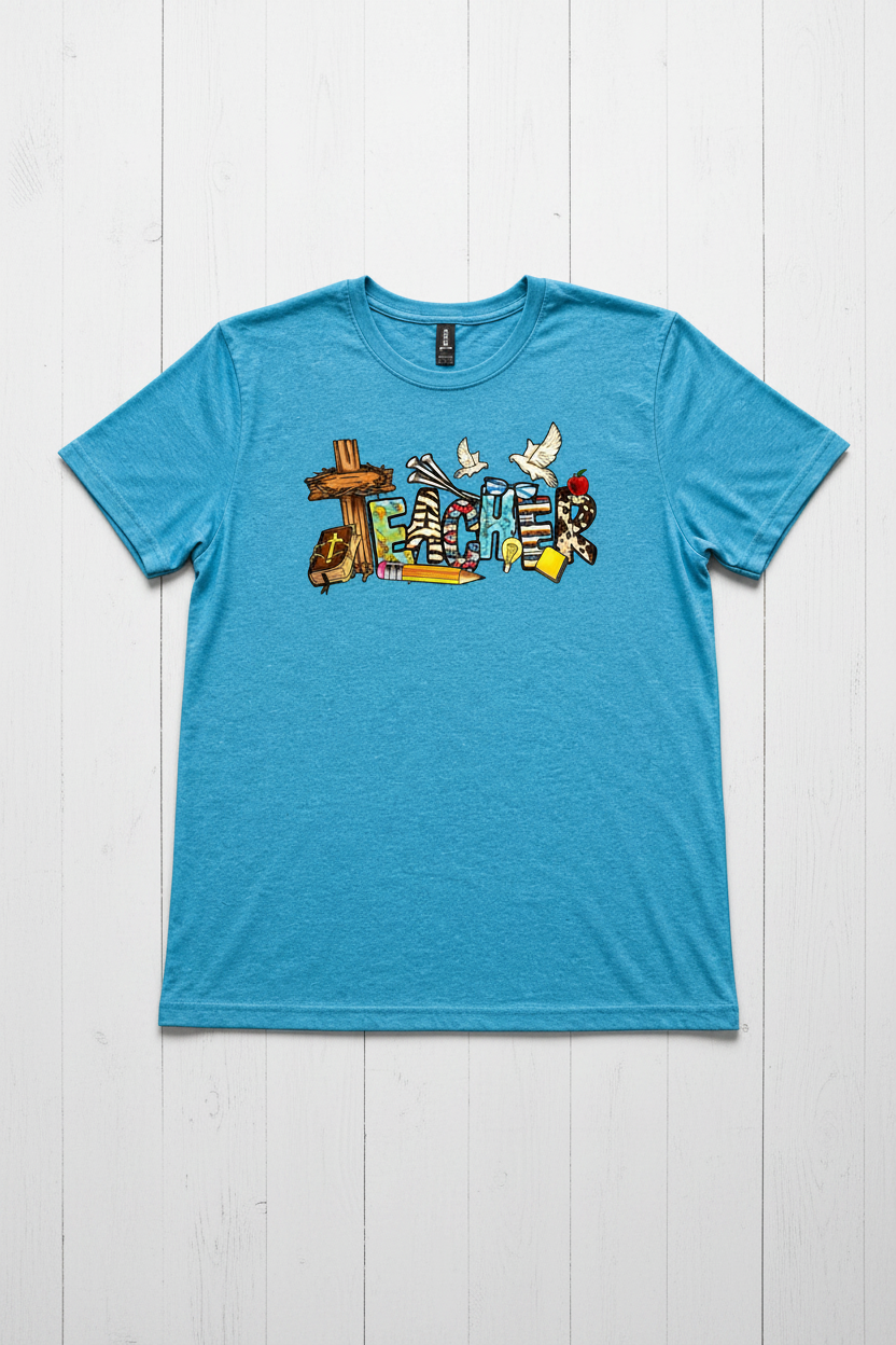 Christian Teacher T-Shirt in Blue — faith-inspired teacher graphic with cross, Bible, and dove by Pressed in Faith by Anna"