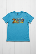 Christian Teacher T-Shirt in Blue — faith-inspired teacher graphic with cross, Bible, and dove by Pressed in Faith by Anna"