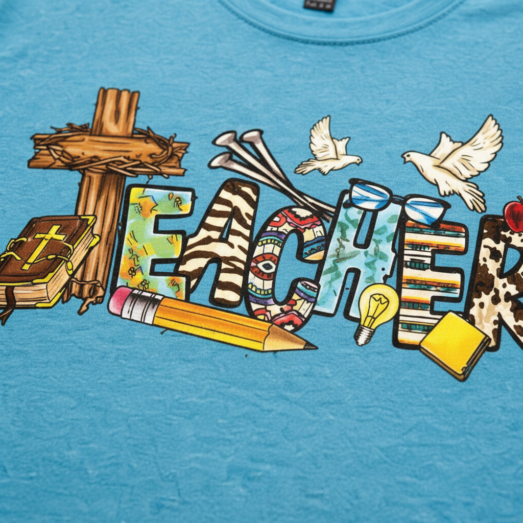 "Close-up of Christian Teacher graphic — colorful TEACHER lettering filled with cross, Bible, dove, pencil, and apple by Pressed in Faith by Anna"