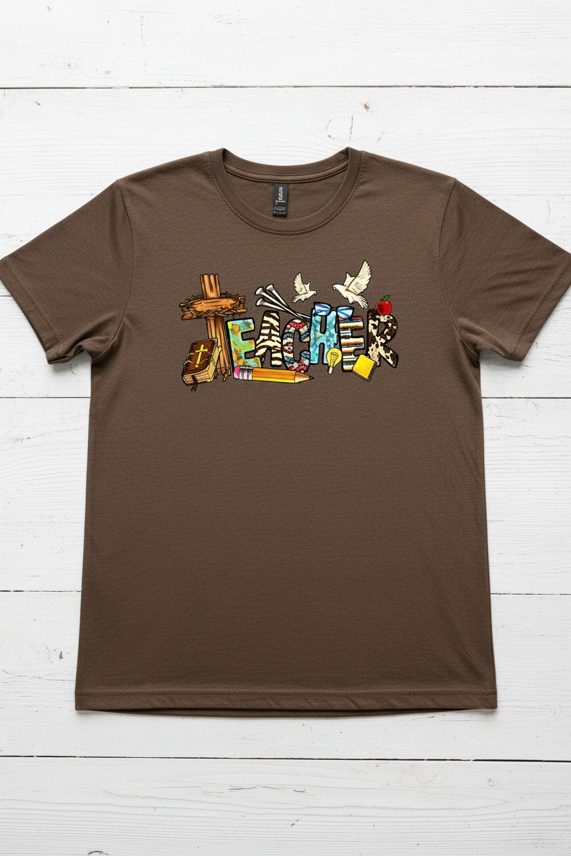Christian Teacher T-Shirt in Cocoa Mist — faith-inspired teacher graphic with cross, Bible, and dove by Pressed in Faith by Anna"