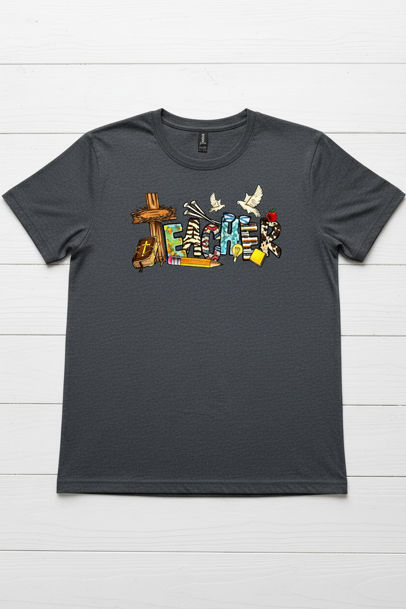 Christian Teacher T-Shirt in Heather Dark Grey — faith-inspired teacher graphic with cross, Bible, and dove by Pressed in Faith by Anna"