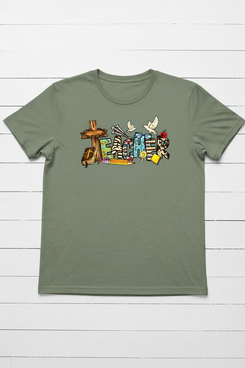 Christian Teacher T-Shirt in Heather military Green — faith-inspired teacher graphic with cross, Bible, and dove by Pressed in Faith by Anna"