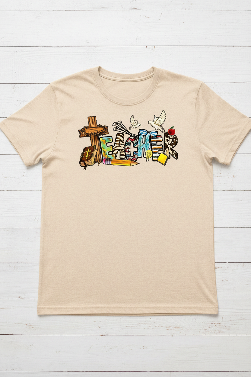 Christian Teacher T-Shirt in Heather Oatmeal — faith-inspired teacher graphic with cross, Bible, and dove by Pressed in Faith by Anna"