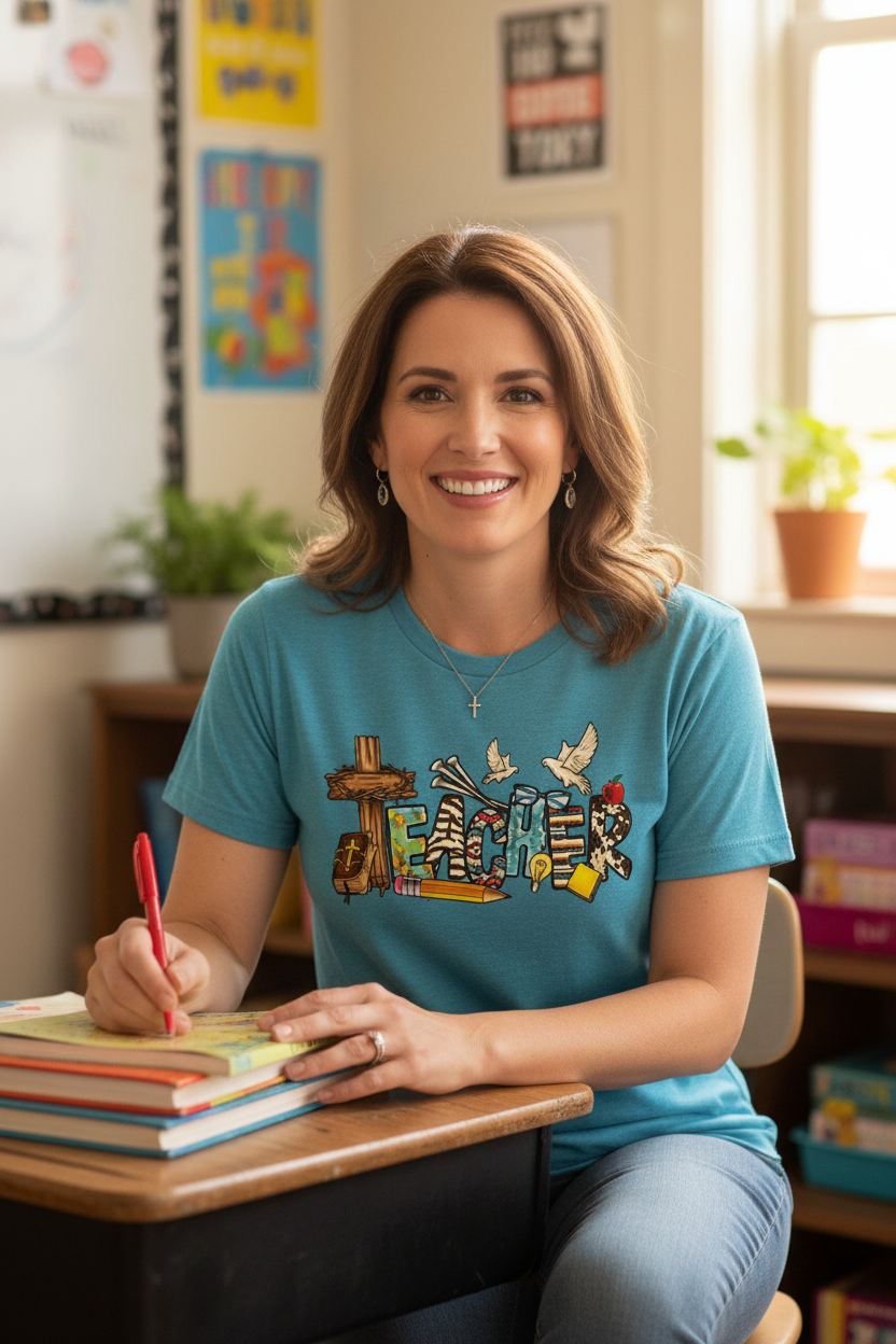 "Woman wearing Christian Teacher T-Shirt in Heather Galapagos Blue — faith-inspired teacher graphic with cross, Bible, and dove by Pressed in Faith by Anna"