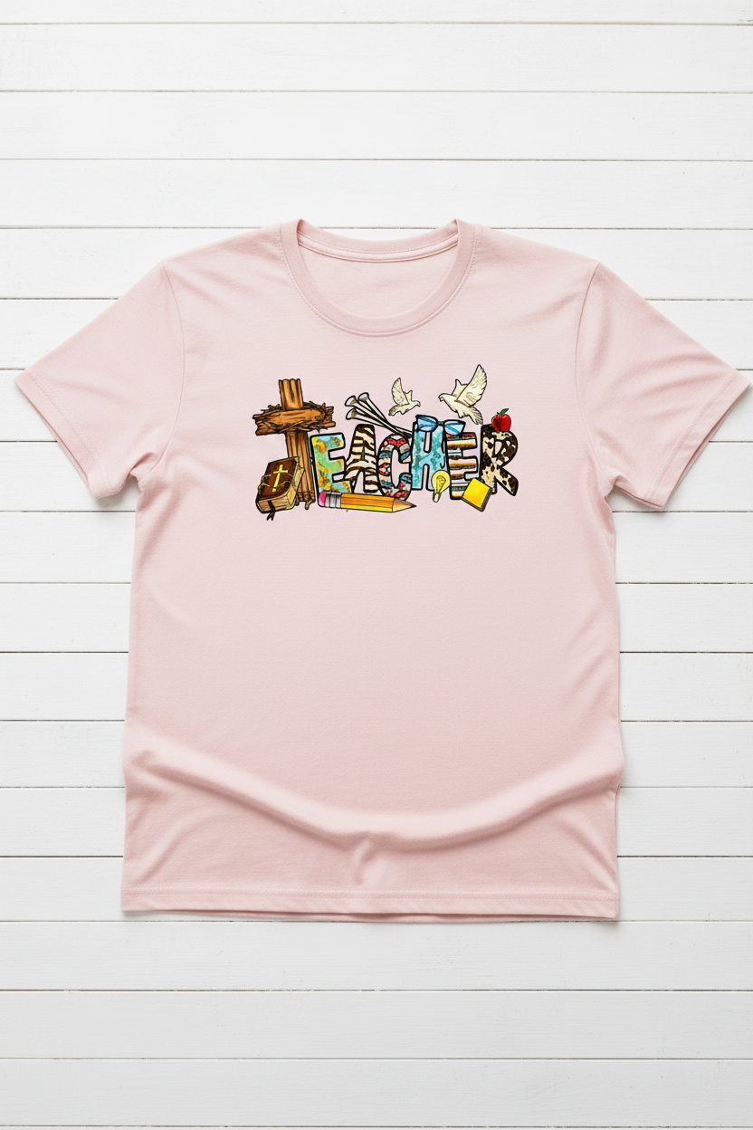 Christian Teacher T-Shirt in Light Pink — faith-inspired teacher graphic with cross, Bible, and dove by Pressed in Faith by Anna"