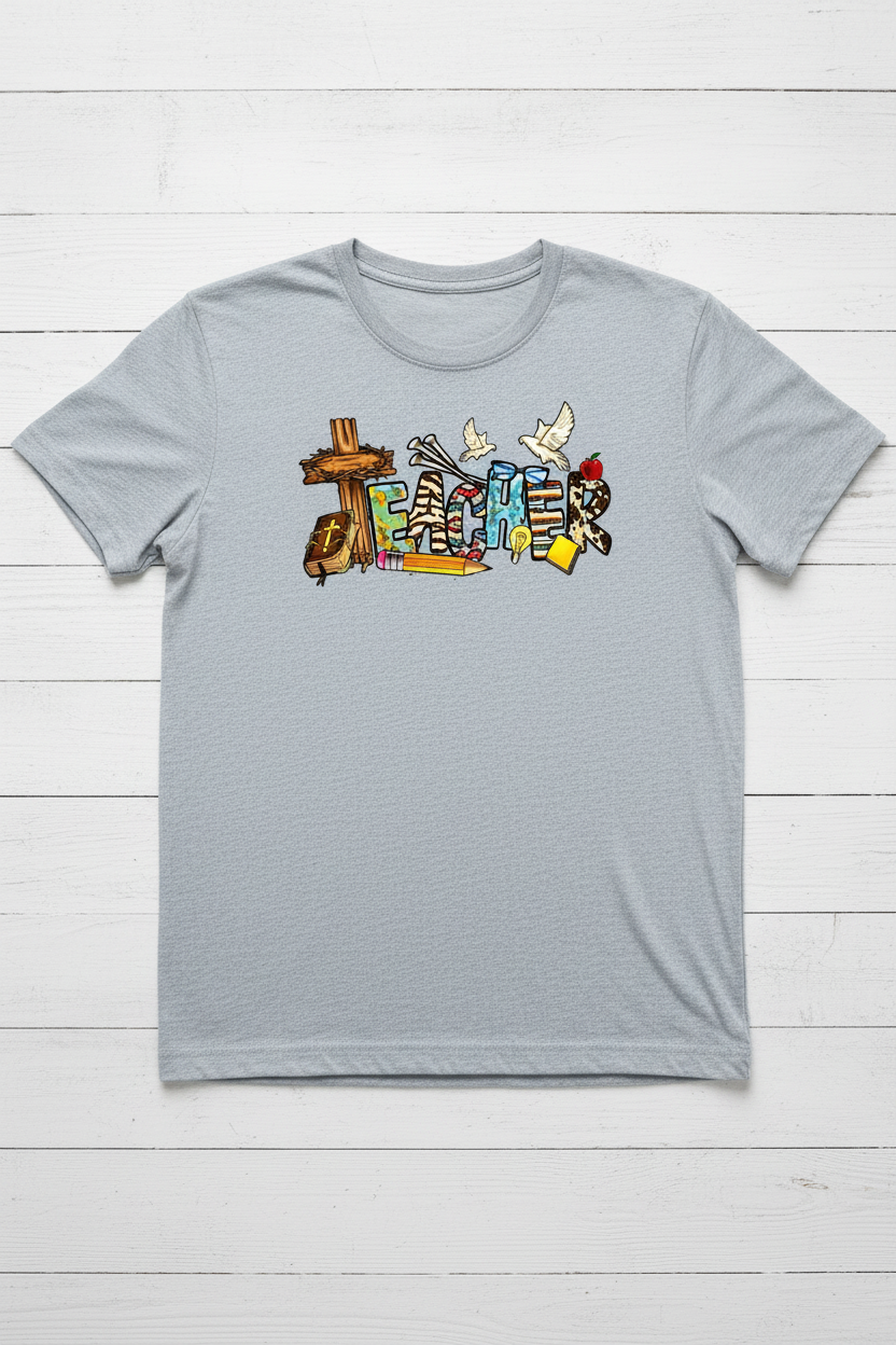 Christian Teacher T-Shirt in Sport Grey — faith-inspired teacher graphic with cross, Bible, and dove by Pressed in Faith by Anna"