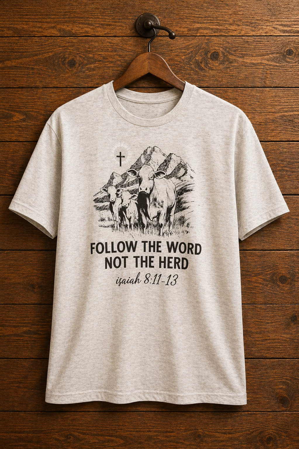 "Follow the Word Not the Herd Isaiah 8 Christian graphic tee — vintage cow, mountain, and cross design on heather oatmeal by Pressed in Faith by Anna"