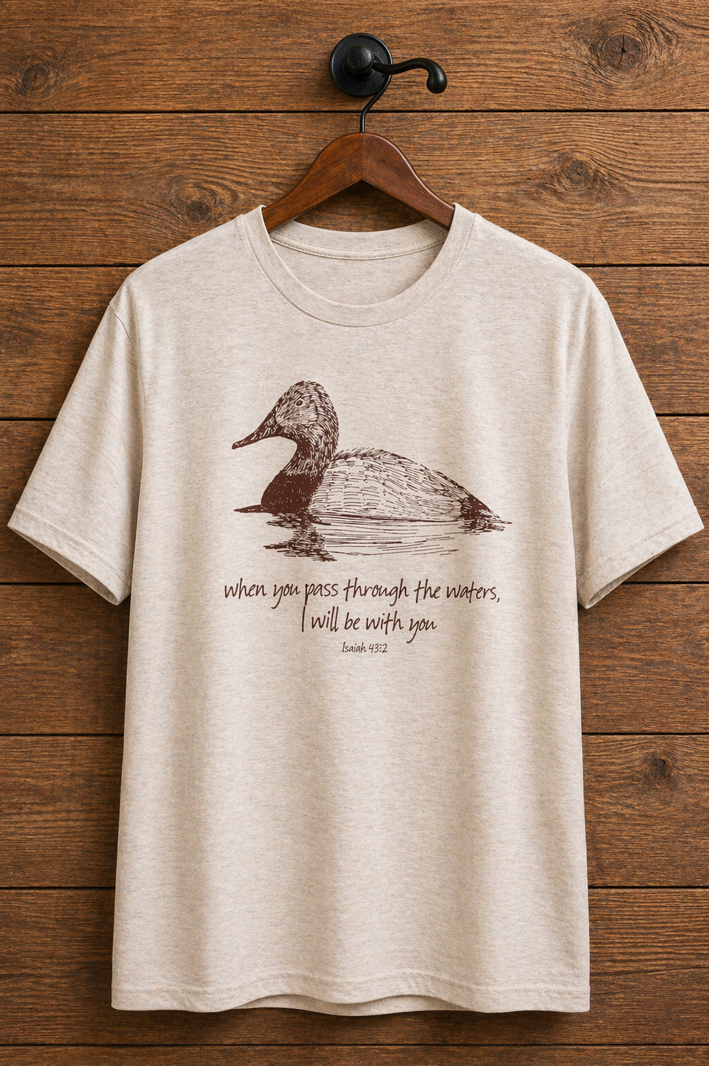 "When You Pass Through the Waters Isaiah 43:2 Christian duck t-shirt — vintage sketch design on heather oatmeal by Pressed in Faith by Anna"