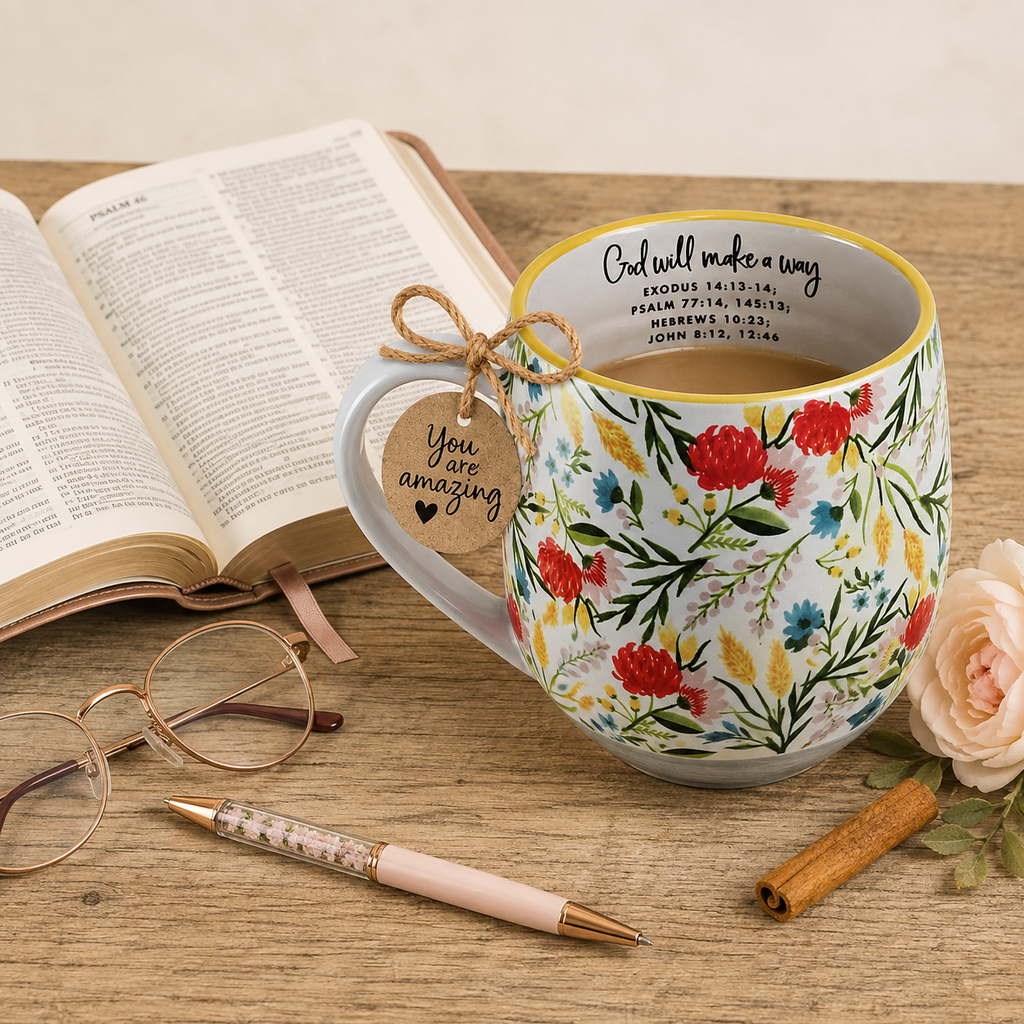God Will Make a Way floral mug styled with open Bible, glasses, pen, and rose