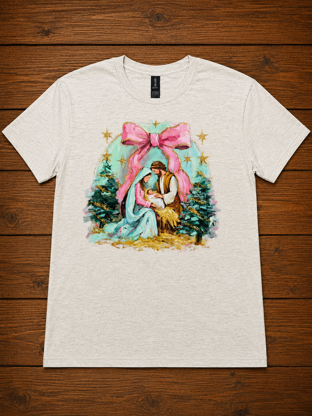 Nativity Pink Bow Christmas T-Shirt